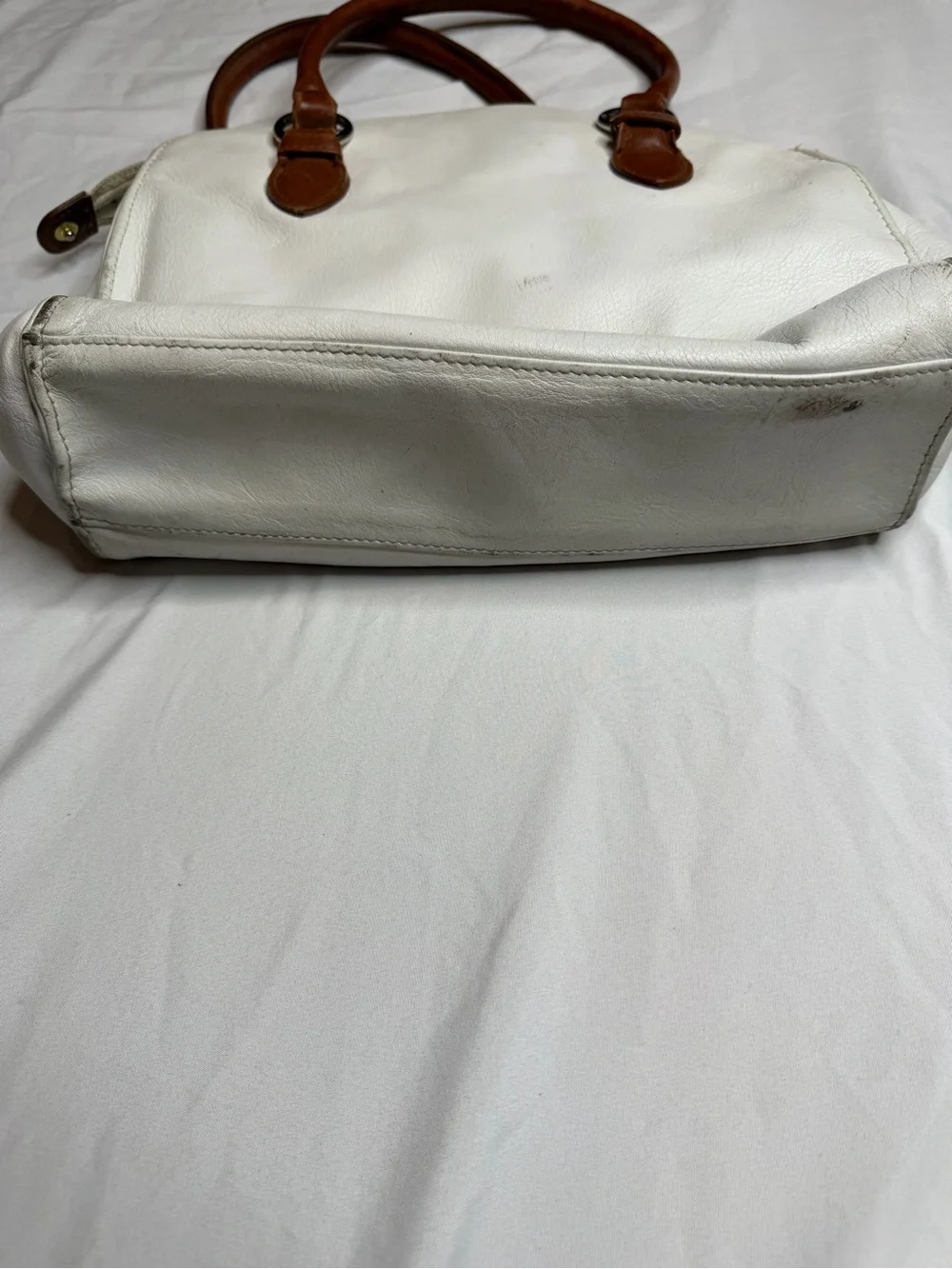 Liz Claiborne Genuine Leather White Satchel Brown Handle Shoulder Purse Bag